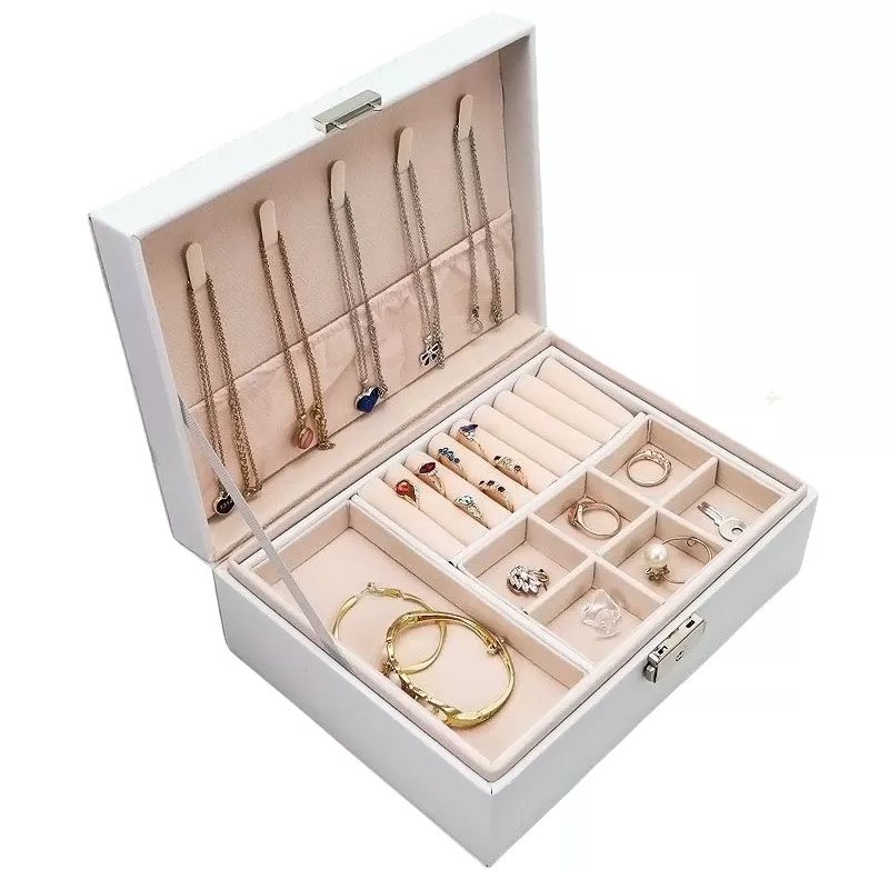 INF Bærbar dobbeltlags smykkeskrin med lås hvid