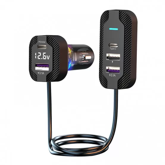 INF Biloplader, flere opladningsporte (3 USB + 2 Type-C) - Sort