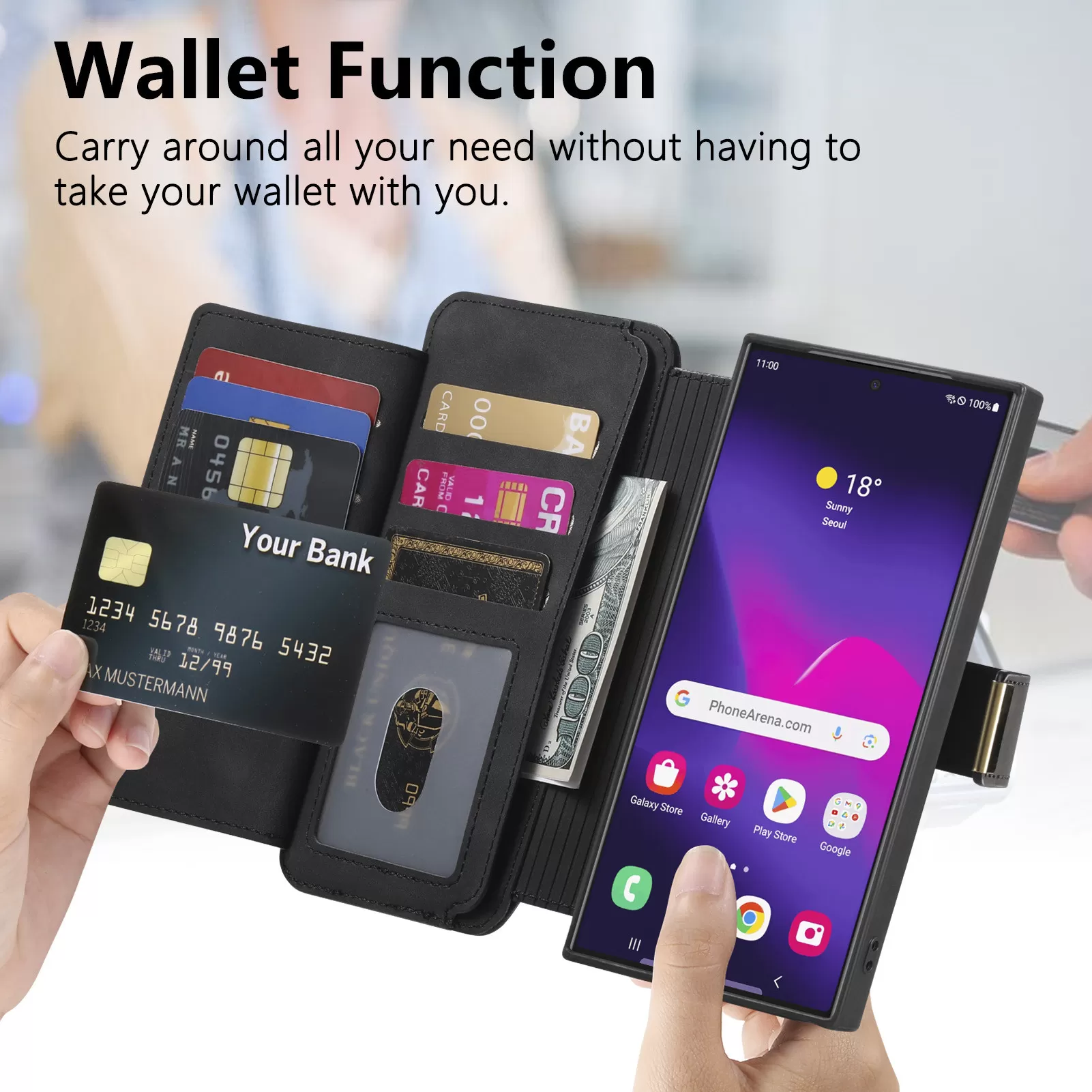 INF Samsung Galaxy S24 FE kompatibelt 2-i-1 magnetisk aftagelig pung etui - Sort PU læder med kortholder og stativ Samsung