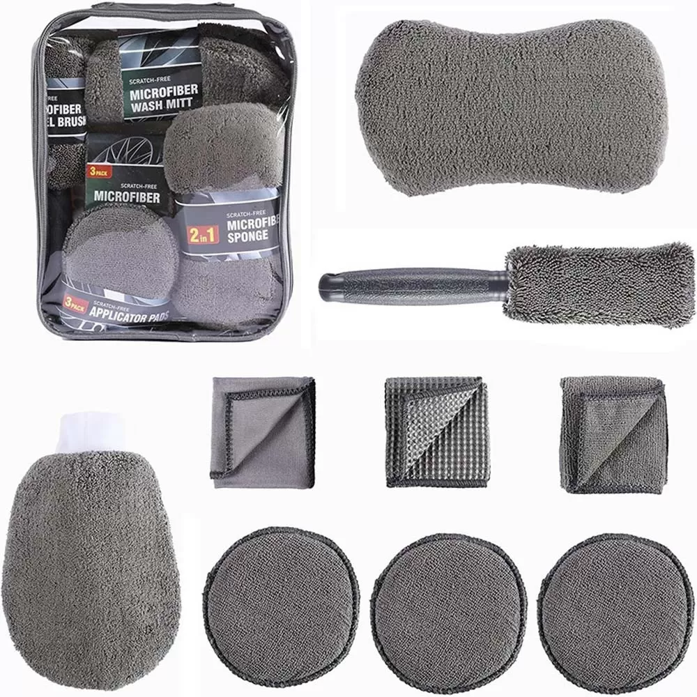 INF 9-delt bilvaskesæt - Oxford-taske, bilrengøringsværktøj med mikrofiberhåndklæder, vaskehandske, svamp og børste